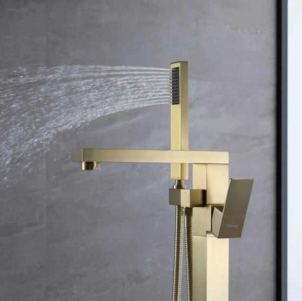 Floor Standing Brushed Gold Brass Bathtub Faucet Mixer