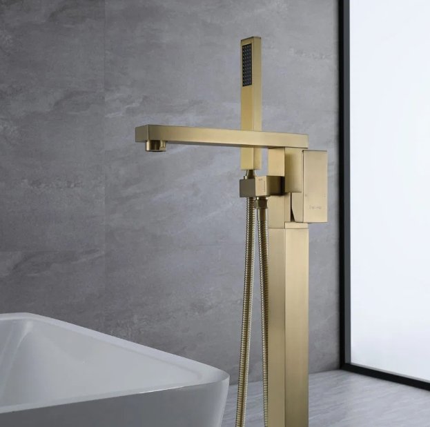 Floor Standing Brushed Gold Brass Bathtub Faucet Mixer