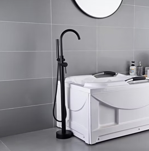 Black Floor Standing Single Handle Brass Bathtub Faucet