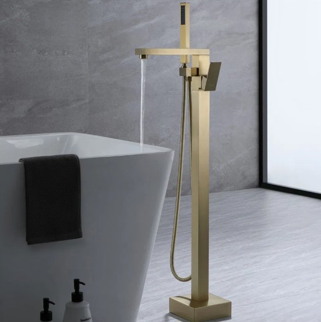 Floor Standing Brushed Gold Brass Bathtub Faucet Mixer