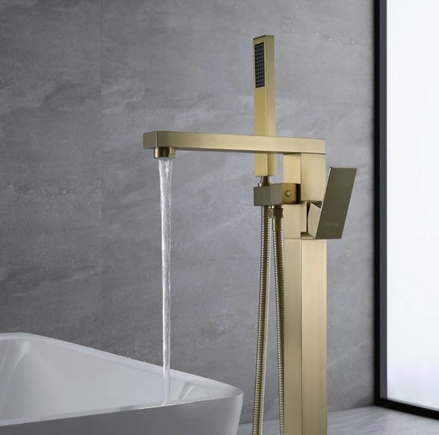 Floor Standing Brushed Gold Brass Bathtub Faucet Mixer